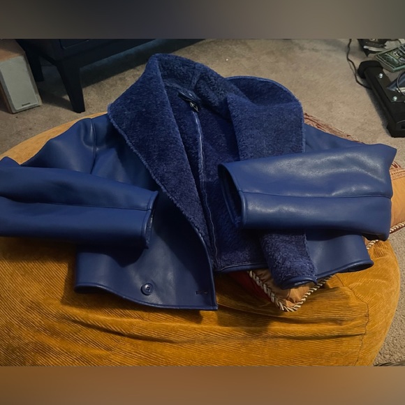 Blue Cropped Faux Leather/ Sherpa Leather Jacker - Picture 3 of 13